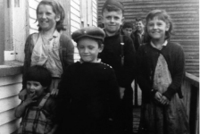 055: l-r front, Julia and Calvin Kerrivan; middle, Jenny, Rudy, and Marie Kerrivan; back, Joe Norman and Tom Kerrivan. At Margaries Cove. (circa 1961) [courtesy of Sadie (Norman) Kerrivan]  - Calvin and Rudy sons of Leo Kerrivan &amp;amp; Sade Norman; Julia, Jenny, Marie and Tom children of Joseph Kerrivan &amp;amp; Madeline Bennett; Joe son of Peter Norman and Margaret Norman."